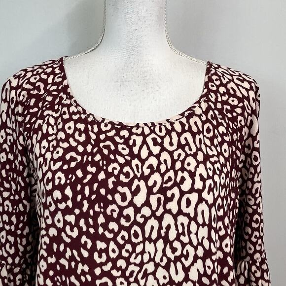 Michael Kors Blouse Tunic size Medium Burgundy Tan Leopard Lagenlook Peasant - Picture 3 of 11